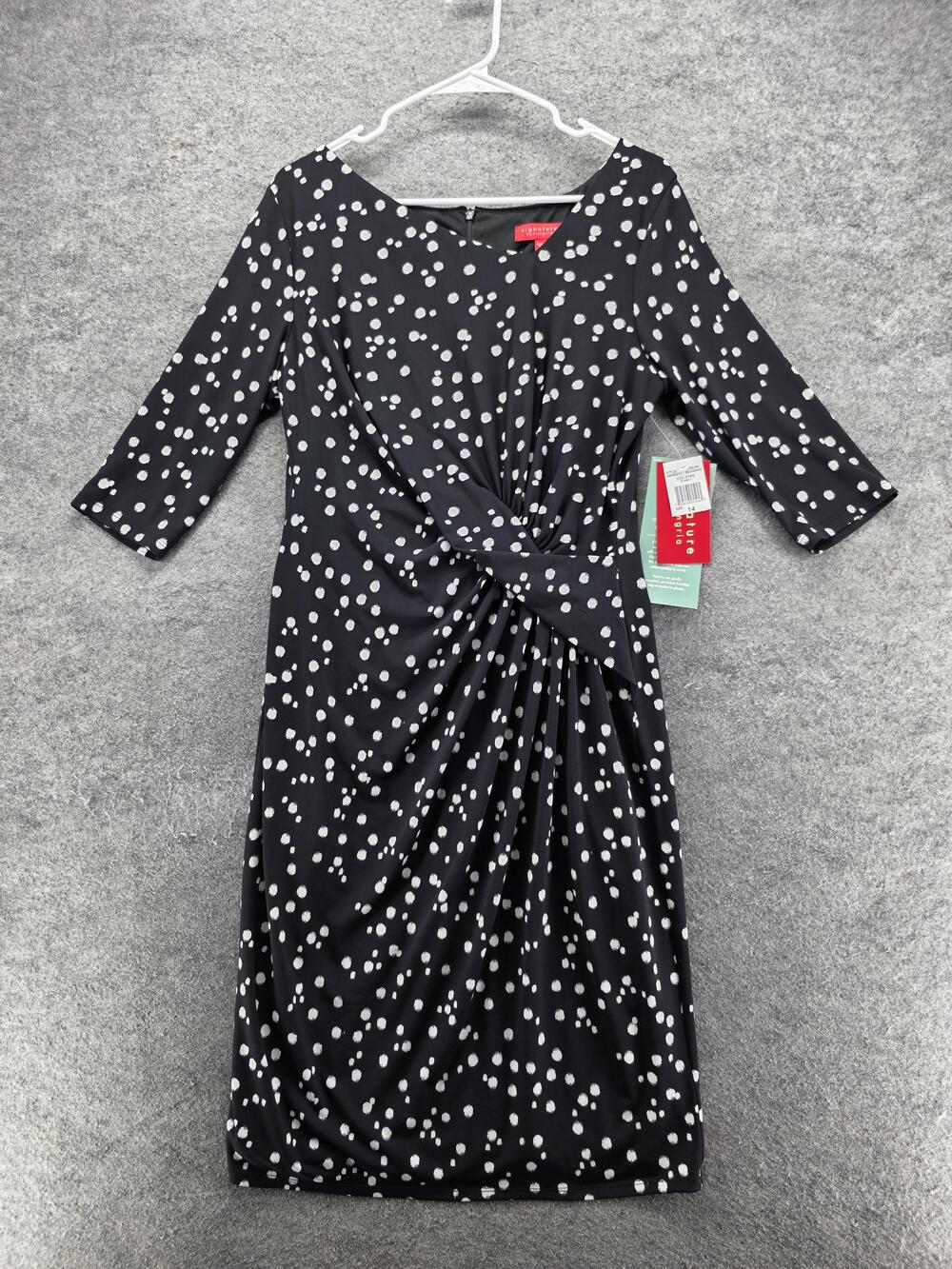 Signature By Sangria Dress Womens 14 Black Sheath Knee Length Polka Dot Ruched